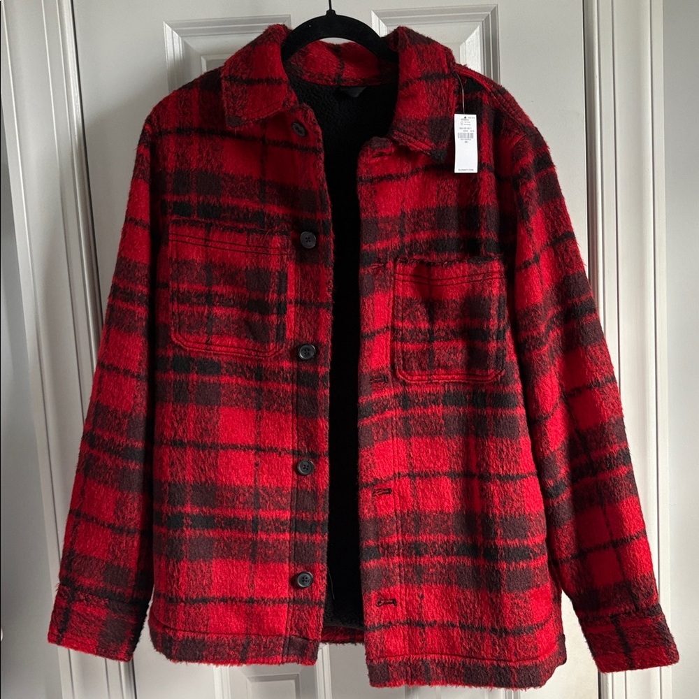 NWT Old Navy Men’s Red Black Plaid Sherpa Jacket Shacket XS